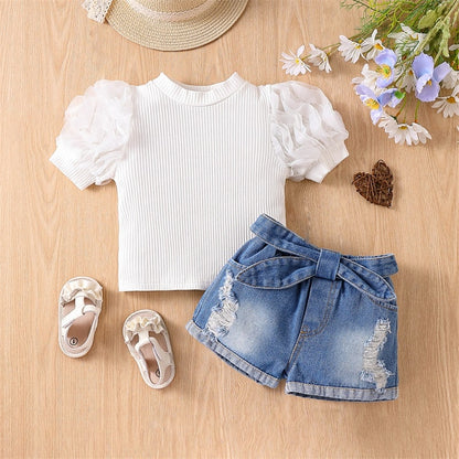 Kids Girl Ribbed Tops Belted Denim Shorts 2Pcs Outfits childrensterritory