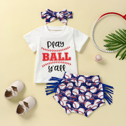 Baby Girl Letter &amp; Baseball Print Top and Tassel Shorts Set childrensterritory