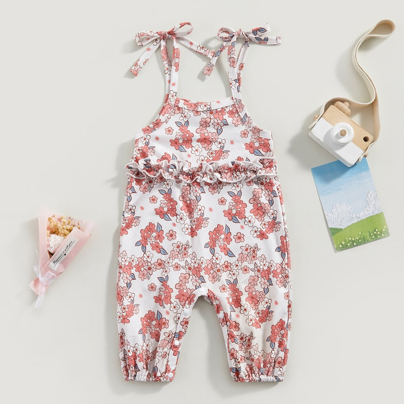 Tie-Up Spaghetti Straps Flower Print Baby Girl Jumpsuit childrensterritory