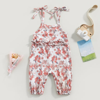 Tie-Up Spaghetti Straps Flower Print Baby Girl Jumpsuit childrensterritory
