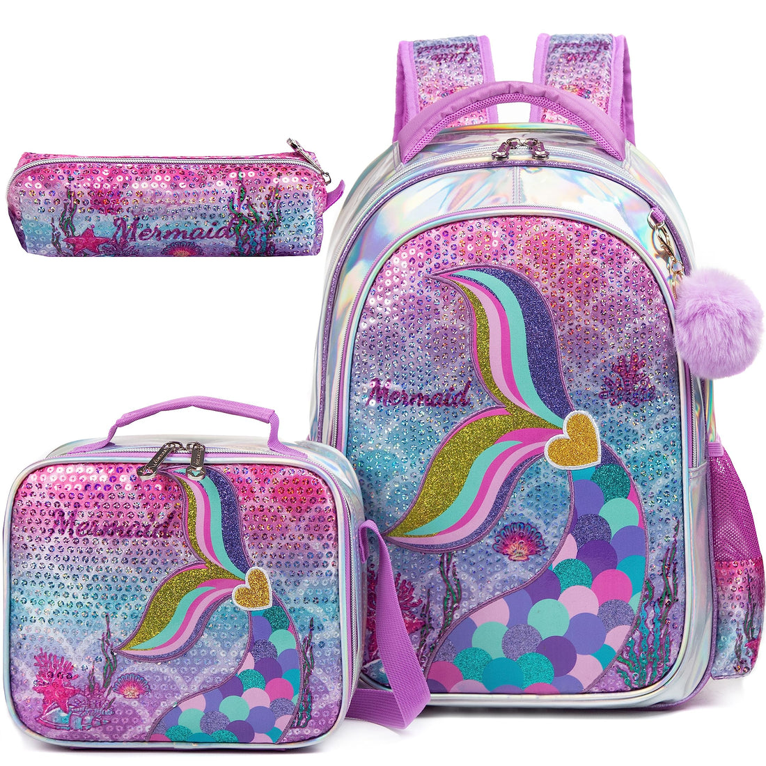 Sequin Mermaid Design Backpack with Lunch Box Set for Kids childrensterritory