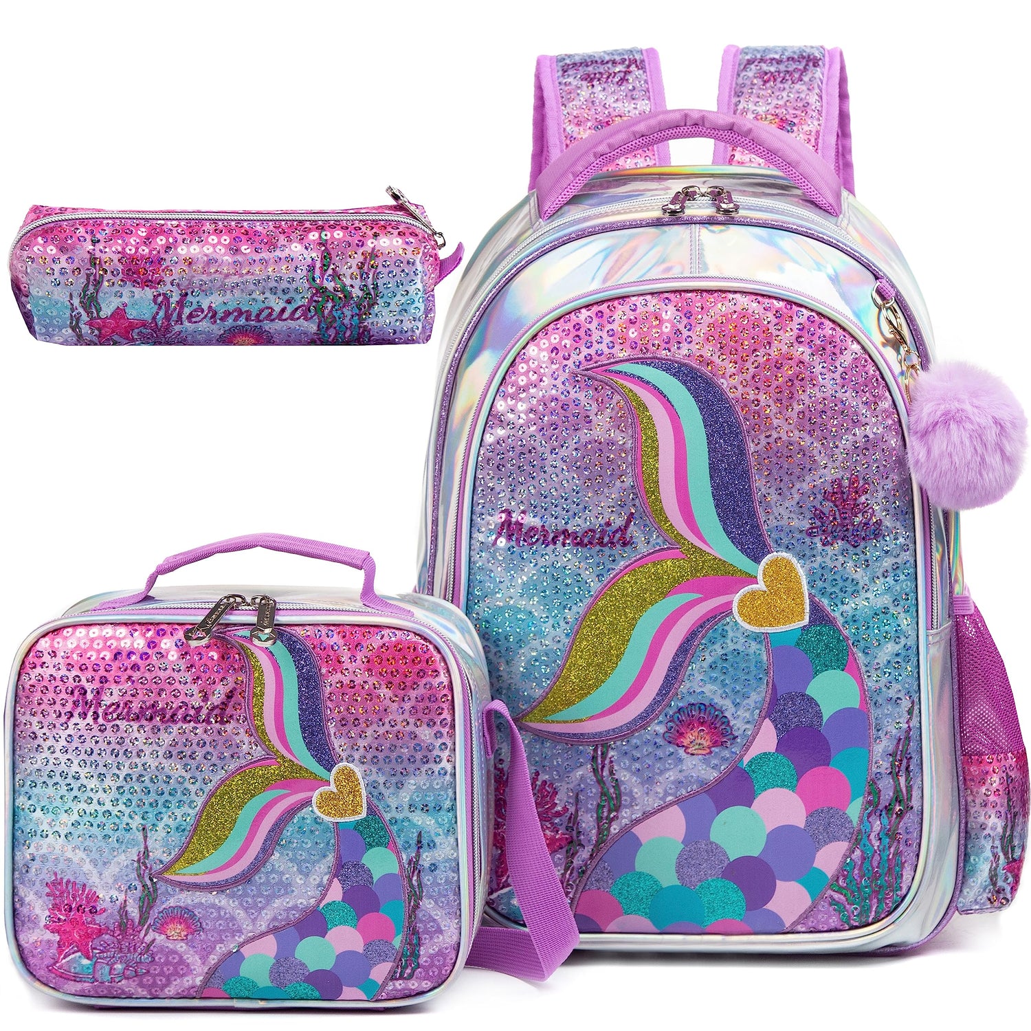 Sequin Mermaid Design Backpack with Lunch Box Set for Kids childrensterritory
