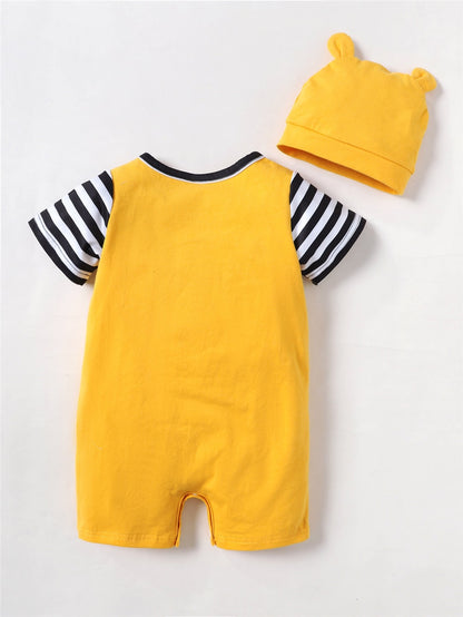 Bear Print Striped Baby Boy Bodysuit with Hat childrensterritory
