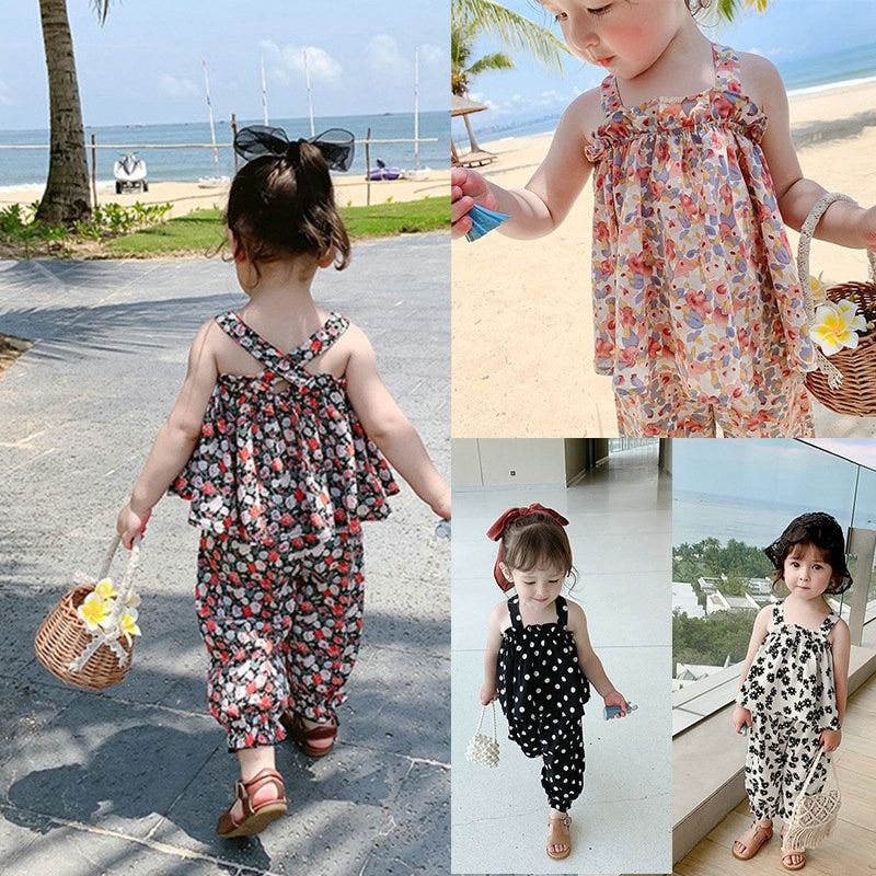 Kids Girls Flower Suspender Top+ Nine-Point Pants Outfit Set childrensterritory