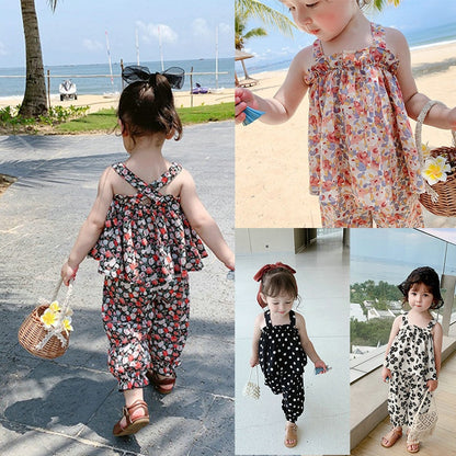Kids Girls Flower Suspender Top+ Nine-Point Pants Outfit Set childrensterritory