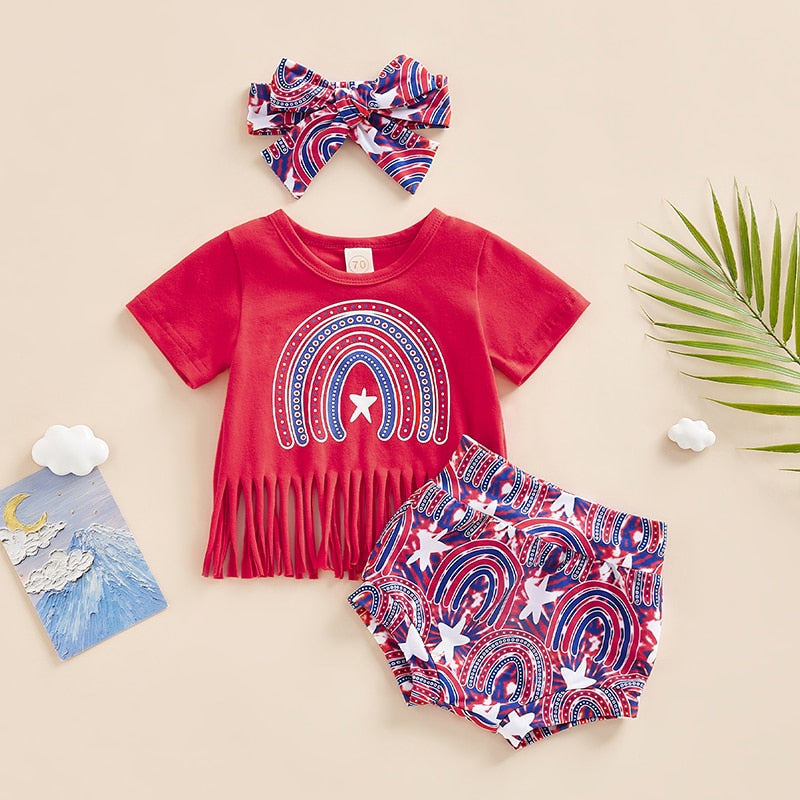 Stars Rainbow Print 3Pcs Baby Girl Independence Day Outfit childrensterritory
