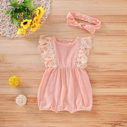 2Pcs Lace Sleeves Baby Girl Bodysuit with Headband childrensterritory