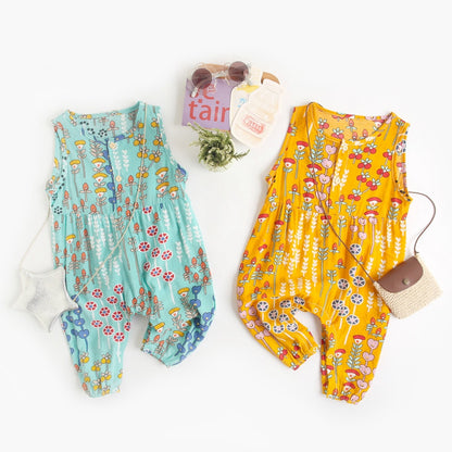 Floral Baby Girls Sleeveless Casual Cotton Jumpsuits childrensterritory