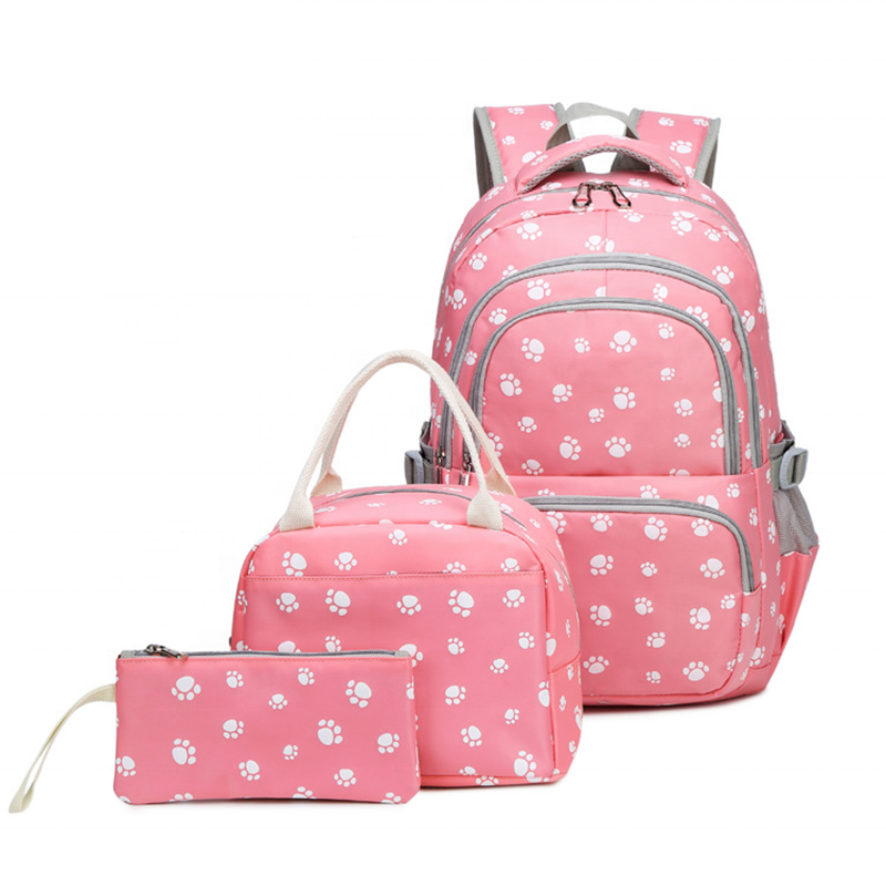 Paw-Printed 3-Piece Cute Waterproof Student Bag Set for Girls childrensterritory