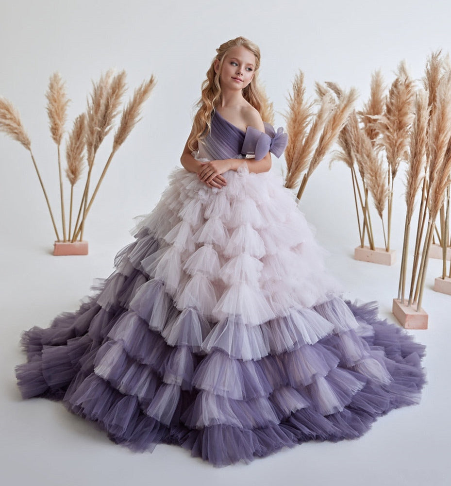 Tiered Tulle One Shoulder Ball Gown for Girls childrensterritory