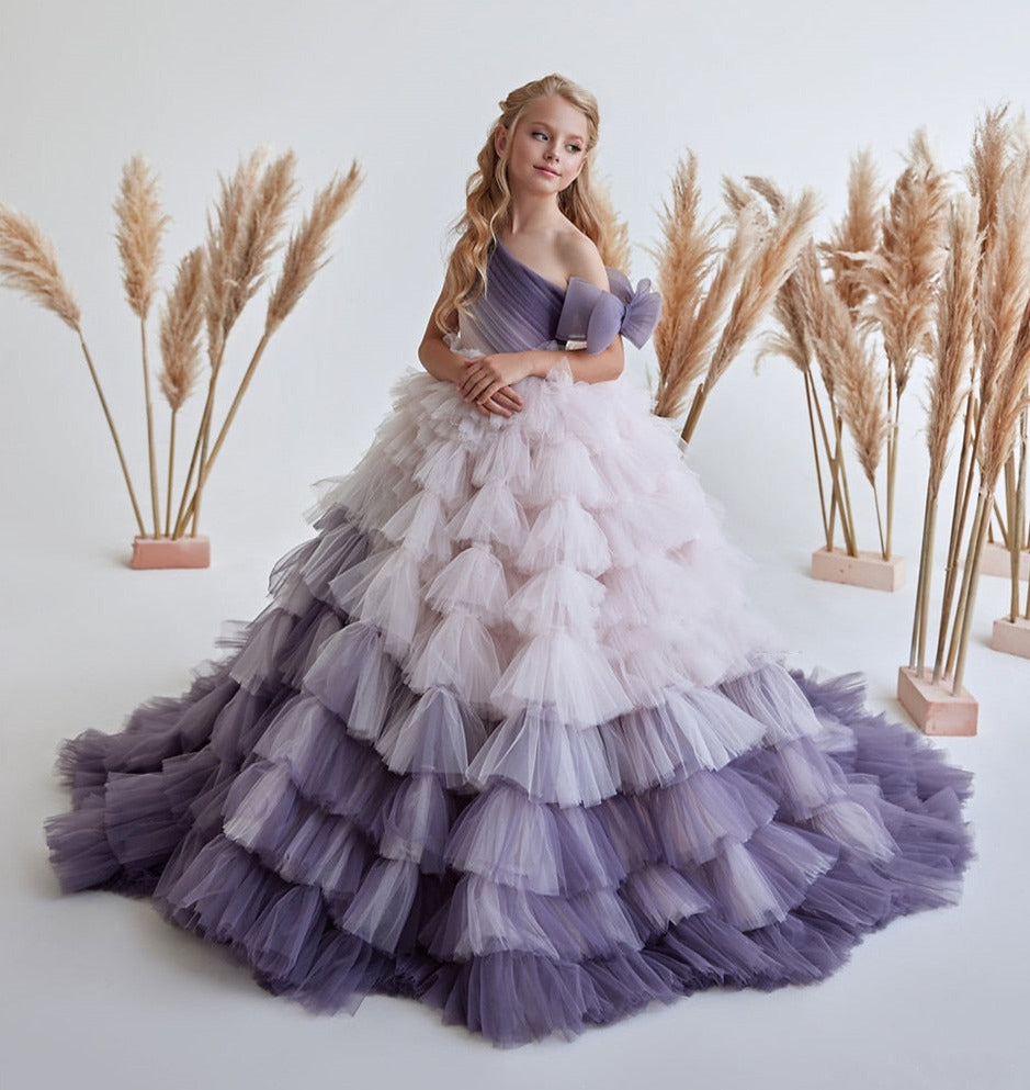 Tiered Tulle One Shoulder Ball Gown for Girls childrensterritory