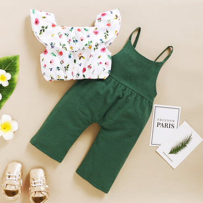 Toddler Girl Floral Print Top + Suspender Pant Set childrensterritory