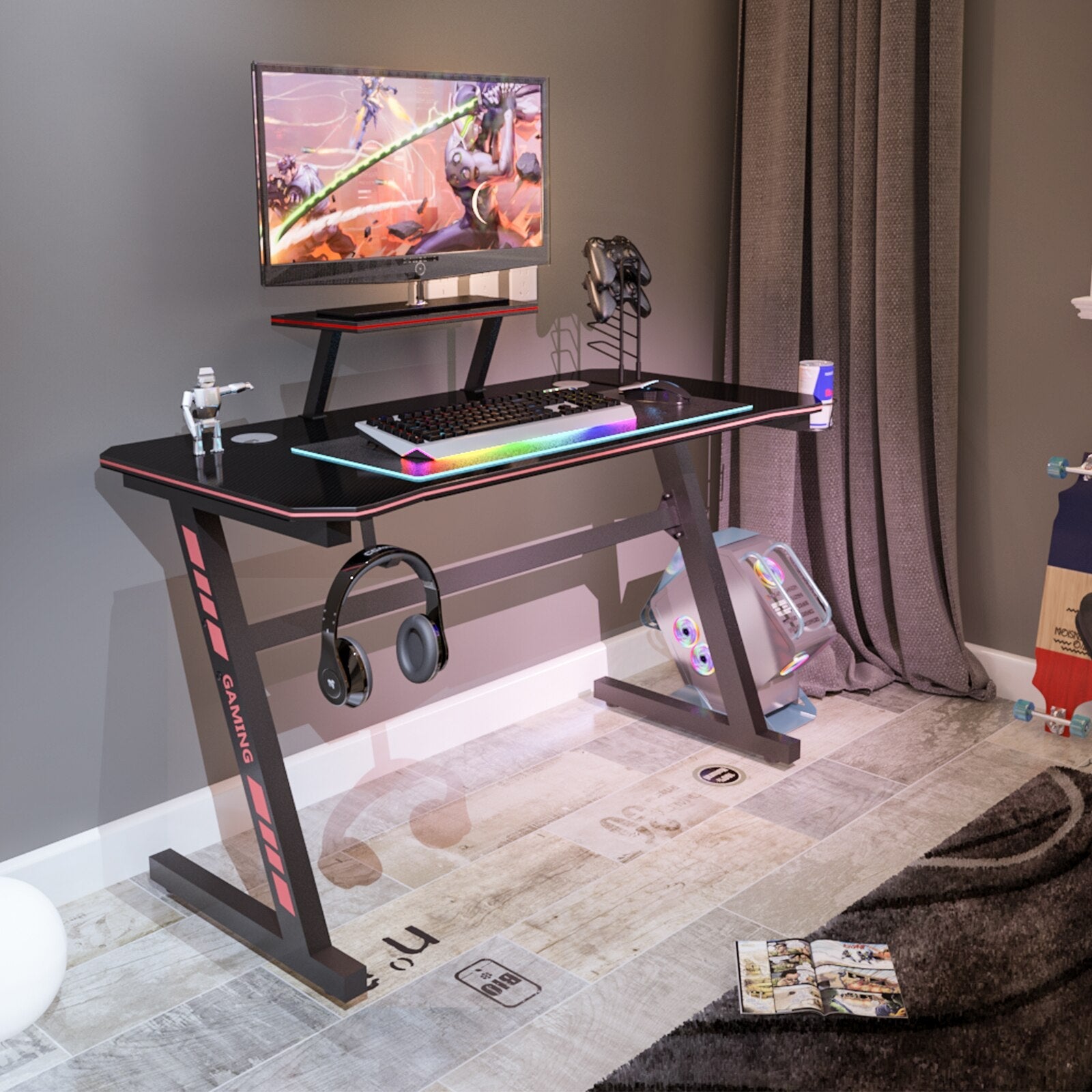Z Shape Black MDF Gaming Desk with PC Holder childrensterritory